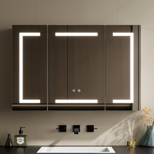 Warmiehomy Bathroom Mirror Cabinet with Lights,90x60cm 3-color Dimmable LED Illuminated Bathroom Mirror Cabinets with Shaver Socker Defogger Touch Switch Three Door,White Frame