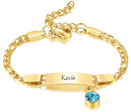 Gamtic Custom Birthstone Child Bracelet - Personalised Name Bar ID Bracelets for Boy Girls Baby Kids Children Toddler Newborn Jewellery Baptism Birthday Gift from Mom Grandma (gold plated-December)