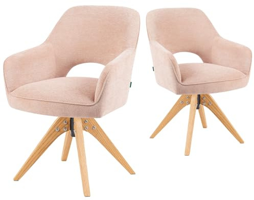 DUBI Möbel Esszimmerstühle 2er Set 360° drehbar mit Taschenfederkern, hoher Sitzkomfort, bis 150 kg belastbar,abriebfester Stoff Rosa, Eiche Massivholzgestell im zeitlosen Design, Mika-Lena