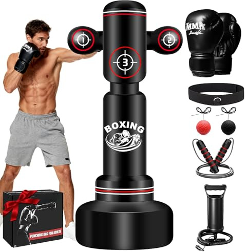 NZQXJXZ Verbesserter Boxsack Stehend für Erwachsene, 180cm Schwerer Boxsack mit Boxhandschuhen, Luftpumpe, Springseil und Reflexball, aufblasbarer Standboxsack für Männer zum Training von MMA, Fitness