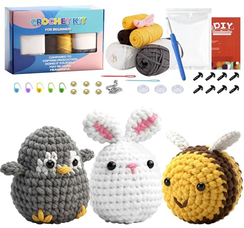 Crochet Kits for Beginners Adults, Penguin Bee Bunny Crochet Kit, Crochet Starter Kit All You Need for Easy Crocheting, Include Video Tutorial, Instruction, Soft Yarn, Birthday Gift for Adults