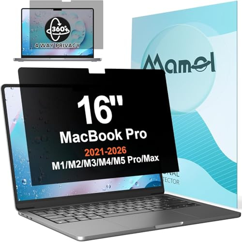 Mamol 360° Privacy Screen for MacBook Pro 16 Inch (2021-2025, M1, M2, M3, M4, Pro, Max), Anti Glare Blue Light Filter, Nano No Glue Anti Spy Black Protector for Mac Pro 16In Laptop