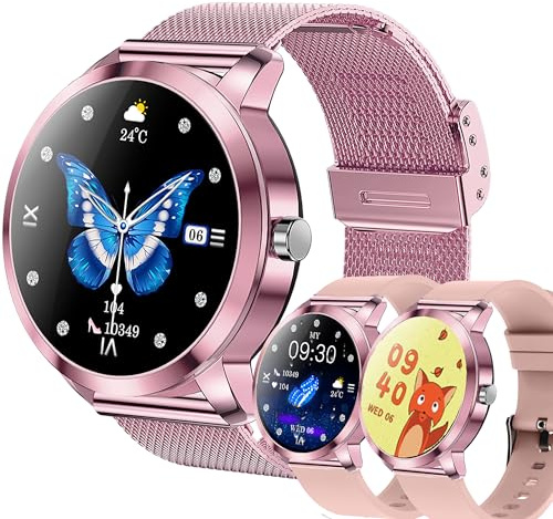LWEARKD Smartwatch Damem mit Bluetooth Anrufe Taschenlampe, Große Batterie, 1,27 AMOLED 5ATM Fitnessuhr mit SpO2 Blutdruckmessung Herzfrequenz Schrittzähler, Fitnessuhr für iOS Android (Rosa)
