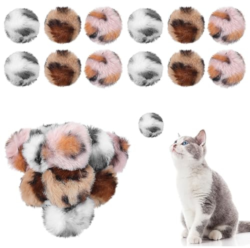 Xinjoduz 12 Stück Katzenbälle 5 cm Pomponbälle Katzenspielzeug Bälle Katzenball Trainingsball Plüsch Katzen Balle Interaktives Katzenspielzeug Spielzeugball Plüschball für Innen Spielen