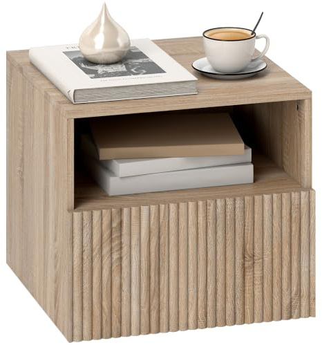 HOMCOM Nachttisch Hängend mit Schublade 40 x 39,5 x 35 cm Naturholz | Beistelltisch, Offenes Fach, Holzoptik, Nachtschrank, Nachtkommode, Sofatisch, für Schlafzimmer, Wohnzimmer
