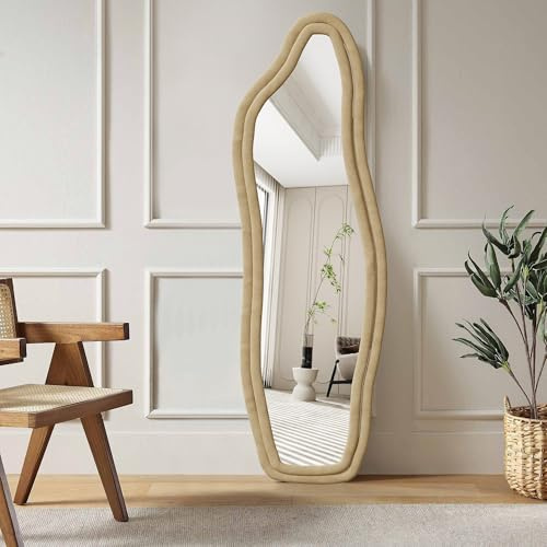 LLODERY Ganzkörperspiegel, Asymmetrischer Gewölbter Bodenspiegel Groß, standspiegel aus Flanellumwickeltem Holzrahmen, Bodenspiegel, für Schlafzimmer, Wohnzimmer, Garderobe, Gold