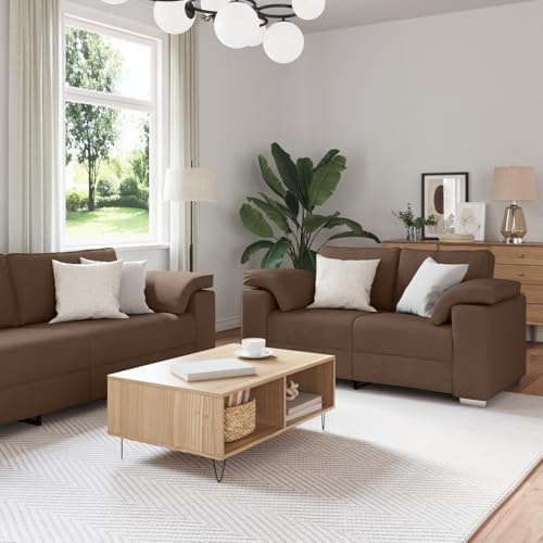 ROMHZKS Modernes Sofa-Set 3-teilig in Braun mit Zweisitzer und Dreisitzer aus strapazierfähigem Textilene Stoff, Bequemes Wohnzimmer-Set mit Holzarmlehnen und Schaumfüllung,