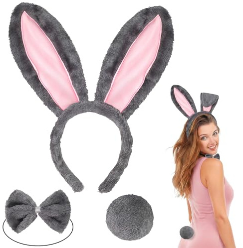 CHONGQILAO Hasenohren Haarreif Set, Diadema de Orejas de Conejo de Pascua, Diadema con Orejas de Conejo de Felpa, Orejas Conejo Cola de Conejito Pajarita