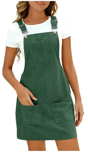 Women's Corduroy Overall Dresse Casual Pinafore Dress Square Neck Solid Pocket Front Wide Straps Short Dungarees Sleeveless Vintage Mini Dress