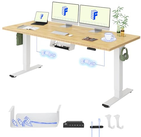 FLEXISPOT Höhenverstellbarer Schreibtisch mit 2 Motoren und einteiliger Tischplatte – Ergonomischer Bürotisch, 180 x 80 cm, Bambus-Tischplatte (19 mm), weißes Gestell