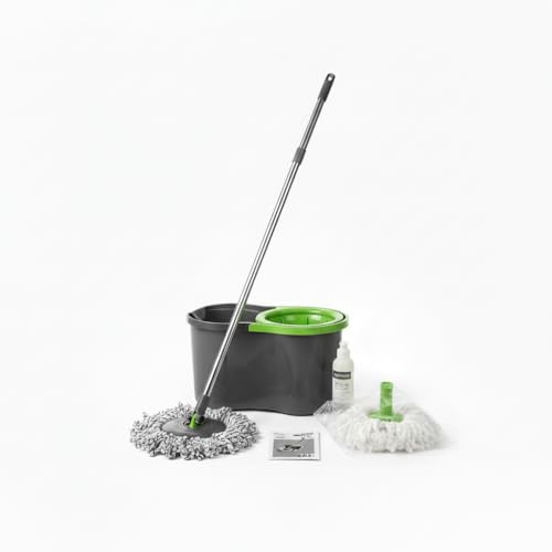 Super Mop Rotante con Secchio 16L e Strizzatore a Pressione, Mocio in Microfibra con Testa Snodabile 360°, Manico Telescopico Allungabile fino a 110 cm, Ideale per Piastrelle, Parquet, Marmo e Mosaico