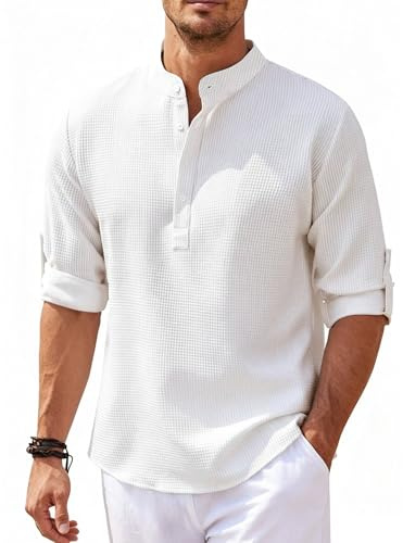 Neteson Camicia da Uomo Manica Lunga Henley Shirt Camicia Estiva Casual | Camicie da Spiaggia Regolare Shirts Camicia Collo alla Coreana con Bottoni