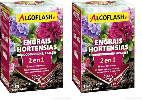ALGOFLASH Engrais 2 en 1 pour Hortensias, Rhododendrons, Azalées Spécial pH, jusqu'à 10 Plantes, 1 kg, HORTOPH1N (Lot de 2)