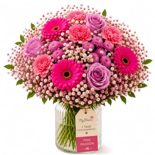 MyBloomz Pink Passion | Premium Blumenstrauß mit Gerbera, Rosen & Chrysanthemen | Frisch gebunden | sicher verpackt | Geschenk für Geburtstag, Liebe, Danke & besondere Momente