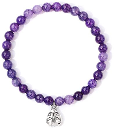 Silverfärg nyckelpiga armband för kvinnor män 6 mm pärlor agat kristall härligt damarmband lava insekt smycken, lila agat, 23 cm