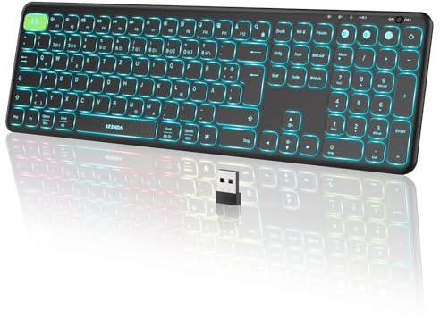Seenda Kabellose Tastatur Beleuchtet - Multi-Gerät USB & Bluetooth mit 7 Farben RGB Beleuchtung, Wiederaufladbare Fullsize QWERTZ für PC, Laptop, MacBook, Tablet (Schwarz), KOU-401