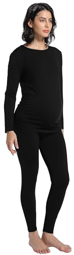 Gowjog Lang Umstands Zweiteiliger Schlafanzug Langarm Umstandsmode Winter Umstandspyjama Pyjama/Nachtwäsche-Set für die Schwangerschaft Zweiteiliger Schwangerschaftskleidung (Schwarz,M)