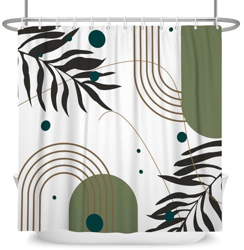ASDCXZ Cortina de ducha Boho de 180 x 200 cm, moderna, abstracta, verde y marrón, hojas negras y blancas, lavable, cortina de ducha de poliéster textil resistente al agua, antimoho para bañera con 12