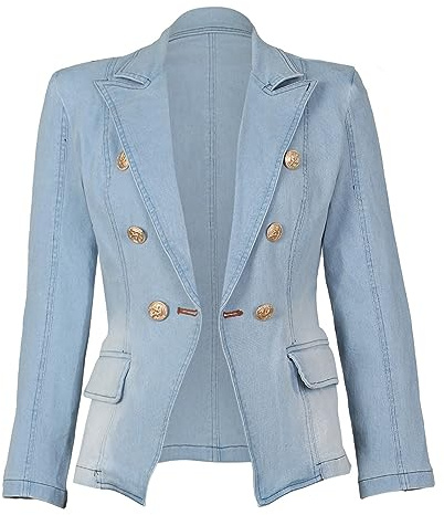 IQYU Jeans Blazer Mujer entallada – Chaqueta vaquera para mujer, chaqueta vaquera elástica, chaqueta vaquera corta, azul claro, chaqueta de entretiempo, chaqueta vaquera ligera y elástica, chaqueta