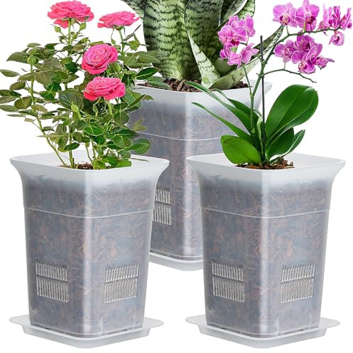 IWTTWY 3 Pcs Plastic Plant Pots, 15cm Thicken Orchid Pot with Drainage Hole and Saucer, Heighten Flower Planter Indoor Outdoor, Root-Control Nursery Pots for Orchid, Peace Lily, Snake Plant (Clear)