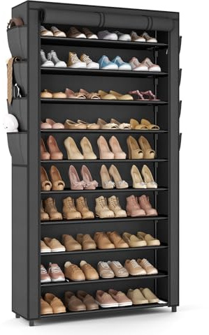 VTRIN Tall Shoe Rack with Cover, 10 Tier Shoe Organizer Storage for 50-55 Pairs Shoes and Boots Large Capacity Shoe Shelf with 8 Pockets Free Standing Shoe Rack for Closet, Entryway, Garage