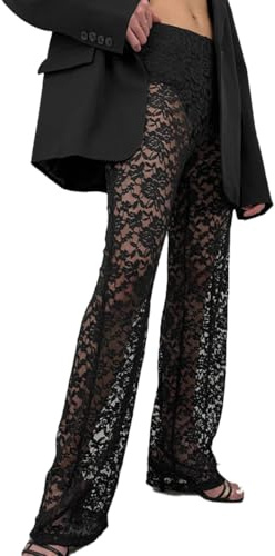 EMOTTOS Summer Women's Lace Trousers UK, Y2K High Waist Straight Leg Bottoms with Crochet Flower Pattern, Elastic Waist Pants Hollow Out Sheer Mesh Trousers for Nightclub Party, Black, XL