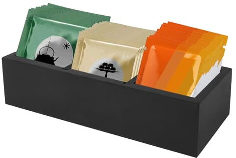 Teeboxen für Teebeutel mit 2 Herausnehmbare Trennwände 24×7.87×5.58cm Teebeutel Organizer mit 3 Fächer Wasserdicht Naturholz Mehrfunktionell Tee Aufbewahrung für Teebeutel (Schwarz)