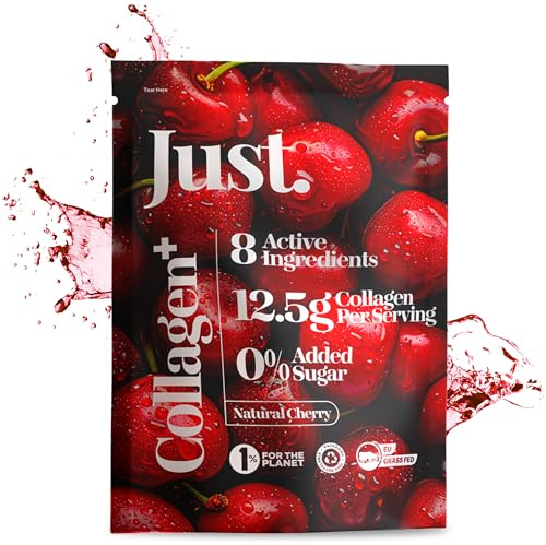 JUST Collagen Powder Natural Cherry Flavour 450g (30 Servings), EU Grass Fed Bovine Supplement for Skin Hydration, Joint Care, Hair and Nails Support, Halal & Kosher Friendly
