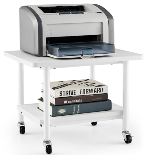 FANTASK Druckertisch mit feststellbaren Rollen, 2-Ebene Druckertisch, mobiler Druckerständer für Büro, Fax, 49 x 40 x 38 cm, Ganzweiß