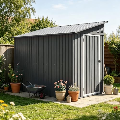 DRIXNO Metall-Gartenschuppen, 242x124x192 cm Garten Schuppen, Anbau-Schuppen mit Abschließbarer Tür, 2 Lüftungsöffnungen, Werkzeugaufbewahrung für Hinterhof, Terrasse, Grau