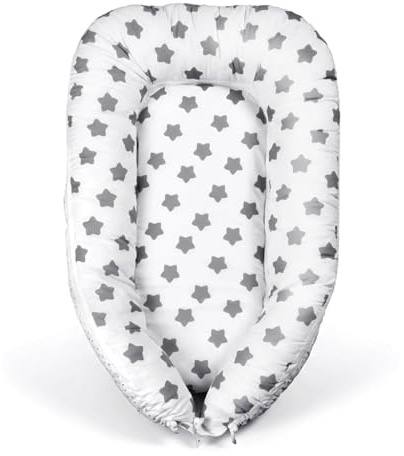 Puckdaddy® Babynest Freya, Weiß/Grau, Sterne, beidseitig verwendbar | 100 % Baumwolle, Weiß/Grau, Sterne & Punkte, Babynest 60×105 cm, Innenmaß 70×32 cm