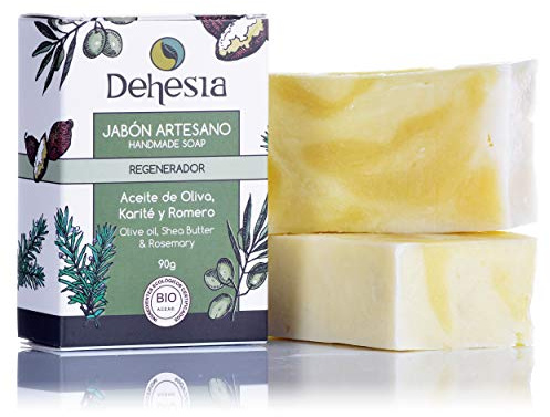 Jabón sólido Regeneador BIO 100% natural y artesano con aceite de oliva virgen extra y aroma a limón y romero | Ideal para usar como gel de ducha o jabón de manos en pieles secas