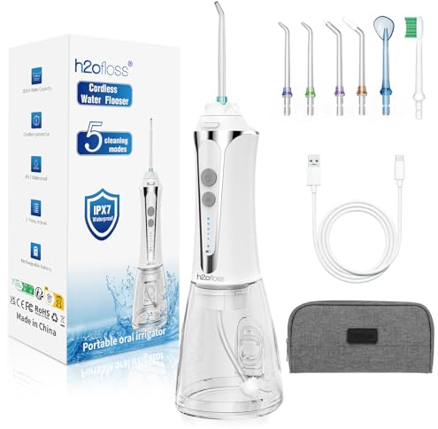 H2ofloss Water Flosser for Teeth Cordless, IPX7 Waterproof Oral Irrigator in 5 Modes, USB Recharged Water Dental Flosser with 30 Days Use, Gravity Ball for Upside Down Use, 300ml Water Tank (White)