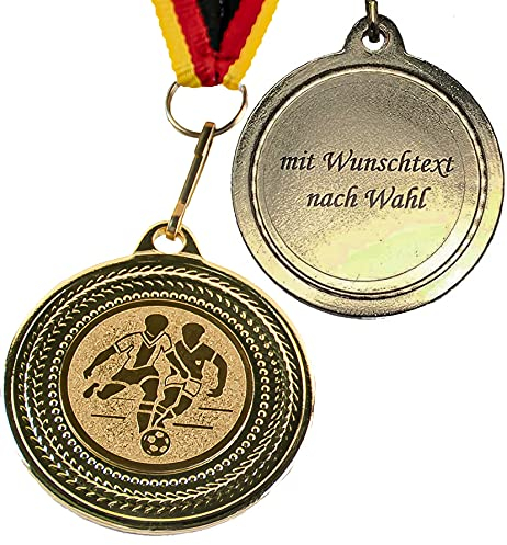 Pokal-Fabrik - Fußball-Medaillen 10er Set Metall mit Wunschtext - Fussballmedaille golden zum Umhängen für Siegerehrungen - Medaillen Kinder mit Deutschlandband & Emblem für Vereine & Turniere