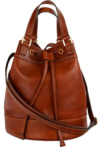 Time Resistance Lederhandtasche für Damen - Handgefertigte Beuteltasche aus Vollnarbenleder - Italienische Ledertasche - Schultertasche für Damen - Handtasche für Arbeit und Alltag (Cognacbraun)