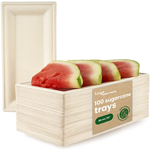 HAAGO 100 Rectangular Serving Platters, 26 × 12 cm - Natural Colour Sugarcane Disposable Food Trays - Strong Paper Plates - Biodegradable & Compostable Party Plates for Hot & Cold Food