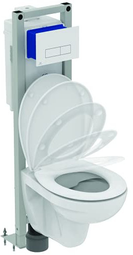 Ideal Standard TIRSO Pack WC suspendu Blanc, Bâti support Prosys Autoportant, Cuvette Sans Bride, Abattant Frein de Chute, Plaque de commande, Chasse 3/6L, Sortie horizontale, Kit fixations, R0342AC