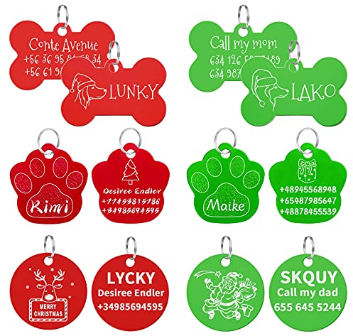 Uiopa 2 Stück Weihnachten Hundemarke mit Gravur, Christmas Hundemarke Personalisiert Adressanhänger Hund/Katze Hundehalsband Anhänger, Namensschild für Hunde und Katzen (Rot knochen)