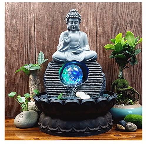 zxb-shop Water Fountain Desktop Ornament Handmade Resin Fountain Zen Monk Lucky Feng Shui Led Ball Buddhist Lotus Fountain Garden Micro Landscape Decorations Zen Meditation Fountain Crafts
