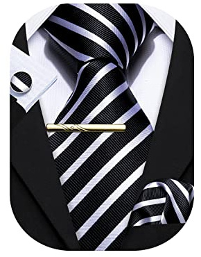 Barry.Wang Herren Seiden-Geschäftskrawatten mit Taschentuch Manschettenknopf-Streifen Plaid-Krawatten-Set Feierliche Hochzeit