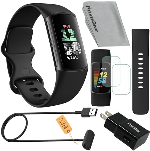 Fitbit Charge 6 Fitness Tracker Watch (schwarz) 2 Stück Uhrenarmbänder, 1,8 m Ladekabel, Wandadapter, Bildschirmschutz und Reinigungstuch kompatibel mit Fitbit