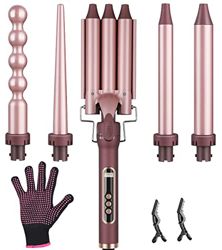 GEEDIAR 5 in 1 Ceramic Curling Iron Set - Interchangeable Waver Wand for Long/Short Hair, LCD Display /80-230°C Adjustable Temp