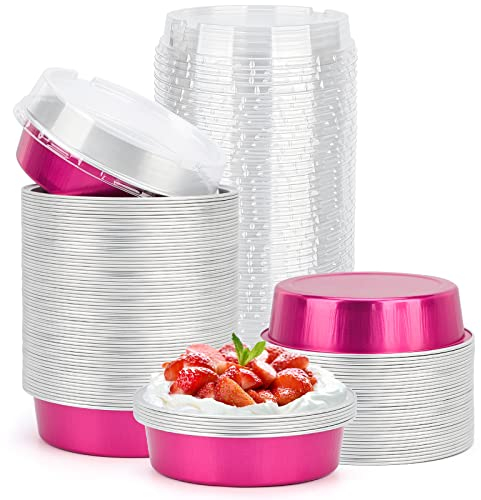 Beasea Disposable Cupcake Pans with Lids, 100 Pack 4 Inch 8oz Rose Red Aluminum Baking Foil Tins Small Round Tart Containers for Individual Dessert Muffin Cheesecake Ramekins Quiche Oven Dishes