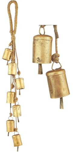 Bellshub Christmas Cow Bells Decoration - 7 Rustic Vintage Iron Bells on Rope - Holiday Wind Chime Garland - Handmade Brass Coated Bells for Christmas Tree, Home Decor & Farmhouse Style