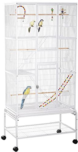 PawHut Gabbia per Uccelli in Acciaio e PP con Posatoi, Giocattoli, Contenitori per Cibo e Vassoio Removibile, 83x53x180 cm, Bianco