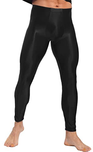 Freebily Herren Glänzend Leggings Öl Nylon Strumpfhosen Sportleggins Mit Bulge Pouch Figurformende Feinstrumpfhose Tights Schwarz_H XXL