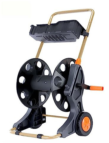 Carro de carrete de manguera con ruedas y caja de almacenamiento, carrete de manguera de aleación de aluminio, carrete de manguera de agua resistente, soportes de almacenamiento de manguera de jardín