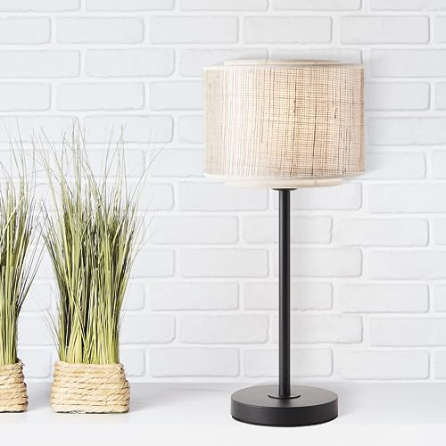 Lightbox Tischlampe im Nature Stil - Boho Tischleuchte mit Schalter - 48 cm Höhe - Ø 22 cm - E27 Fassung - max. 42 W - aus Metall/Textil/Papier - in Schwarz/Beige