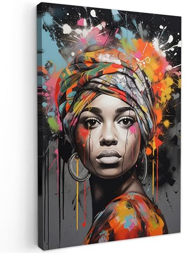MuchoWow© Impression sur Toile Photo Peinture 80x120 cm Tableau Decoration Murale Chambre Salon Maison Deco Cuisine Femme - Foulard - Graffiti - Noir