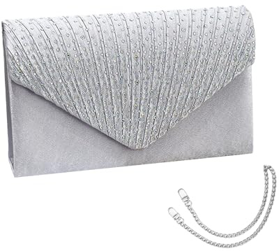 ATBUSS Un bolso de mano con 1 pieza de 120 cm y 1 pieza de cadena de plata de 40 cm de cadena plateada con diamantes de imitación de satén brillante para bailes, cenas, fiestas, bodas